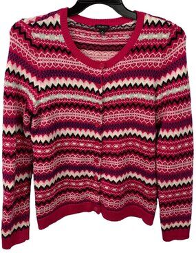 Talbots Womens Fair Isle Knit Cardigan Sweater Lambswool Blend  Size Medium Pink